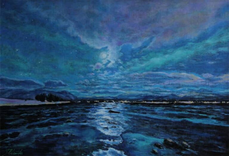 Aurora by Moonlight - painting, oil on paper