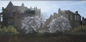 Sentinels, a painting of Spring flowering cherry trees, in Pollokshields, in Glasgow, by Scottish artist, Michael E Mullen, painted in oil paint, on linen canvas